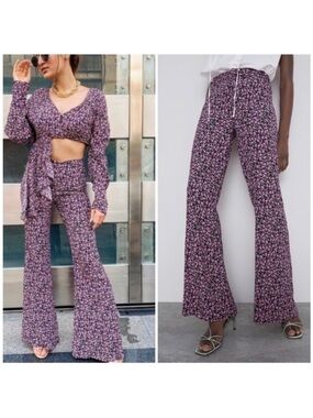 ZARA High Waisted Floral Print Flare Pants